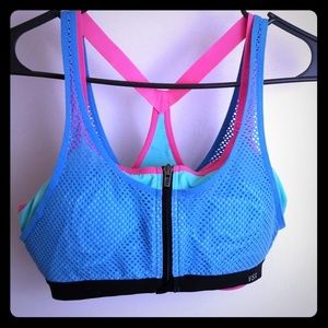 34D front clasping teal and blue sports bra